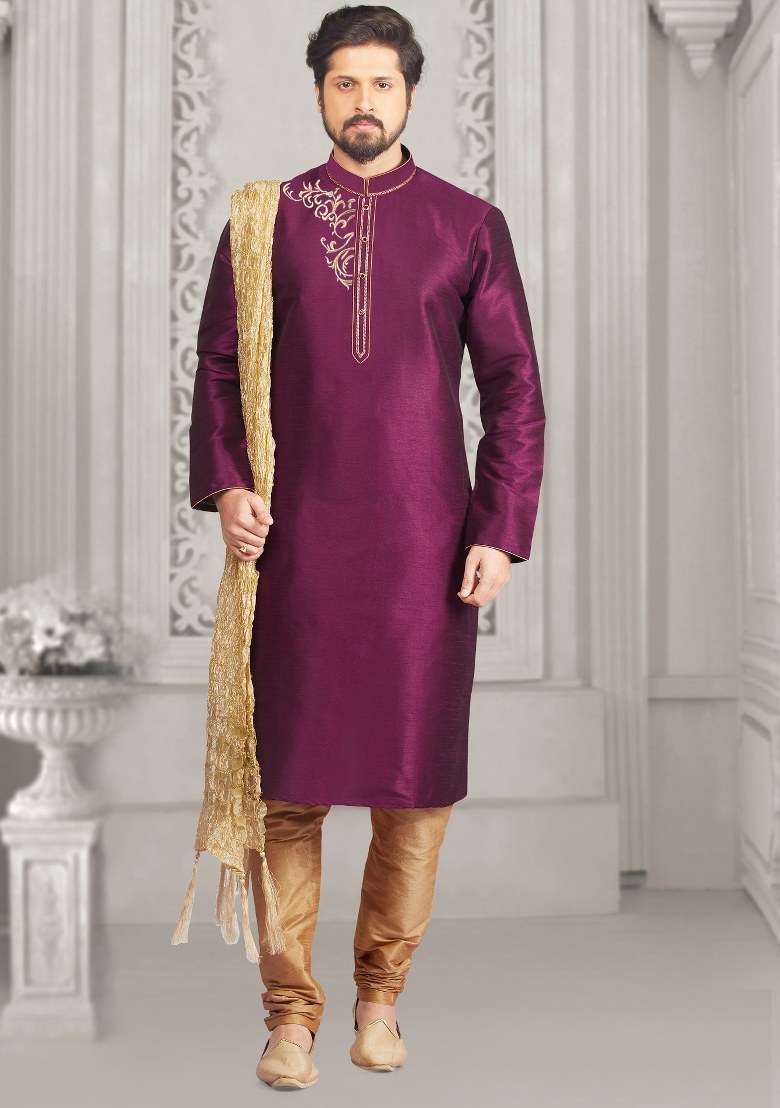 Purple Embroidered Silk Kurta Set For Men - Indya