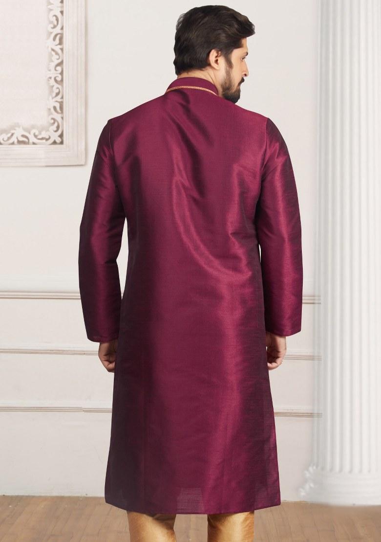 Purple Embroidered Silk Kurta Set For Men