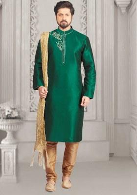 Green Embroidered Silk Kurta Set For Men
