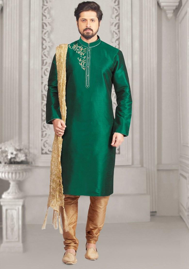 Green Embroidered Silk Kurta Set For Men