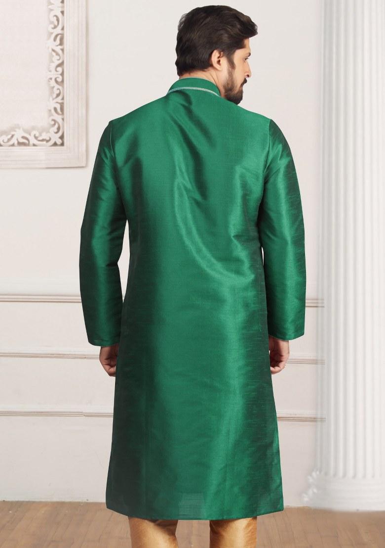 Green Embroidered Silk Kurta Set For Men