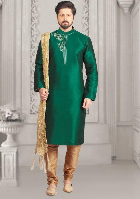Green Embroidered Silk Kurta Set For Men