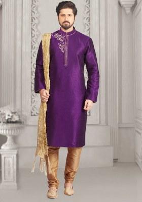 Violet Embroidered Silk Kurta Set For Men