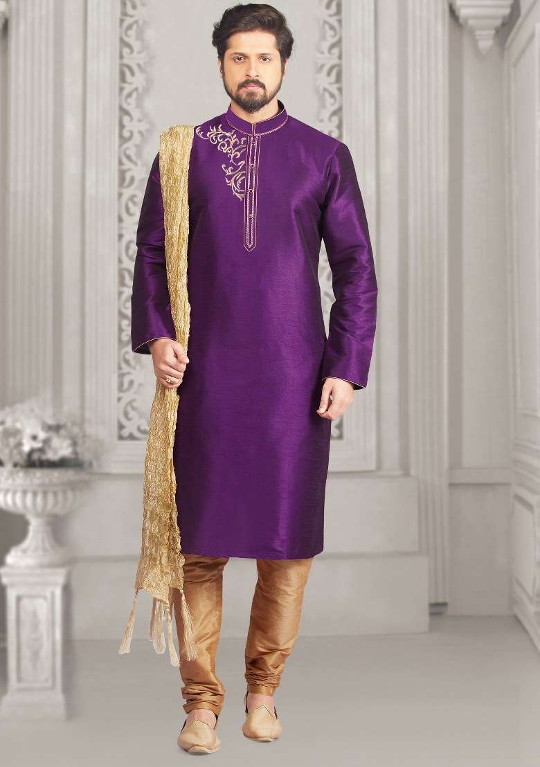 Violet Embroidered Silk Kurta Set For Men - Indya