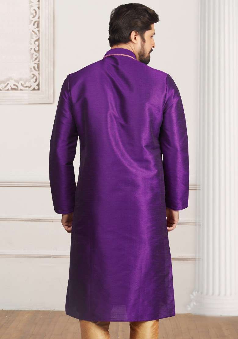Violet Embroidered Silk Kurta Set For Men - Indya