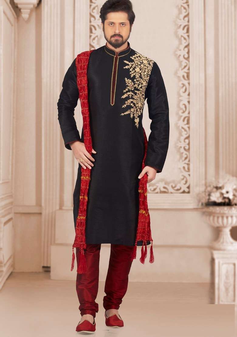 Black Embroidered Silk Kurta Set For Men - Indya