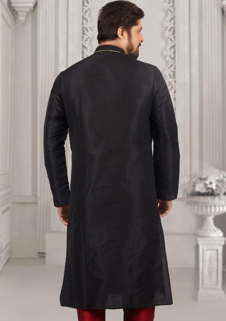 Black Embroidered Silk Kurta Set For Men