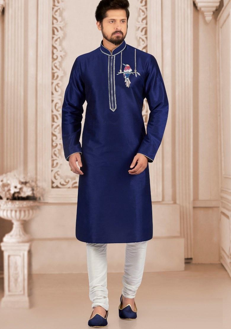 Navy Blue Embroidered Silk Kurta Set For Men