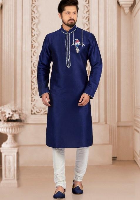 Navy Blue Embroidered Silk Kurta Set For Men