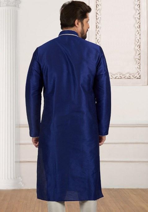 Navy Blue Embroidered Silk Kurta Set For Men