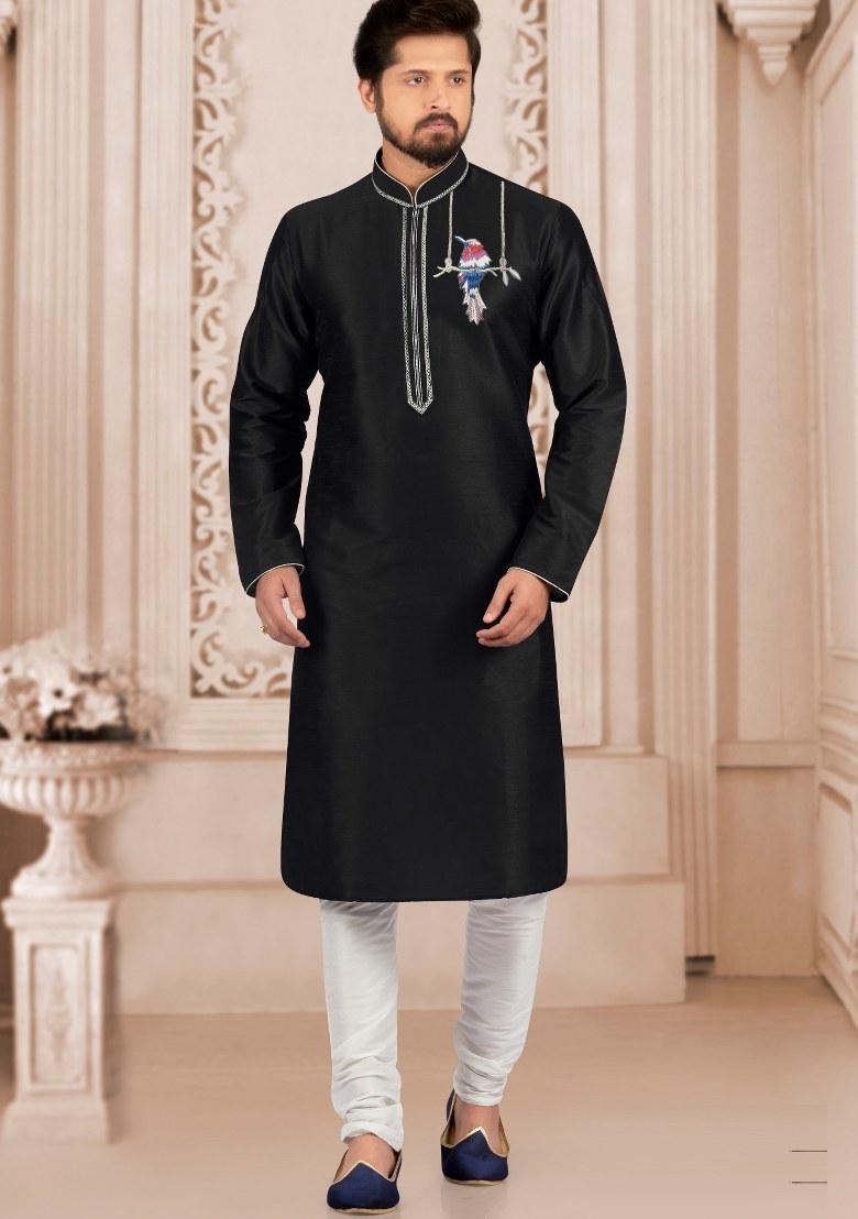Black Embroidered Silk Kurta Set For Men