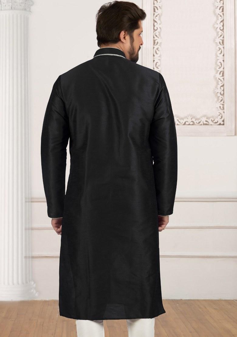 Black Embroidered Silk Kurta Set For Men