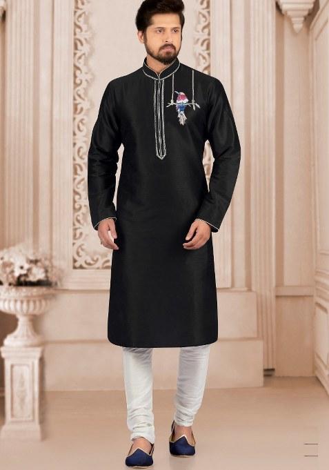 Black Embroidered Silk Kurta Set For Men