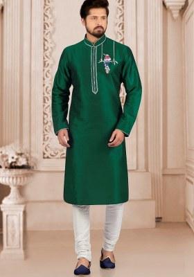 Bottle Green Embroidered Silk Kurta Set For Men