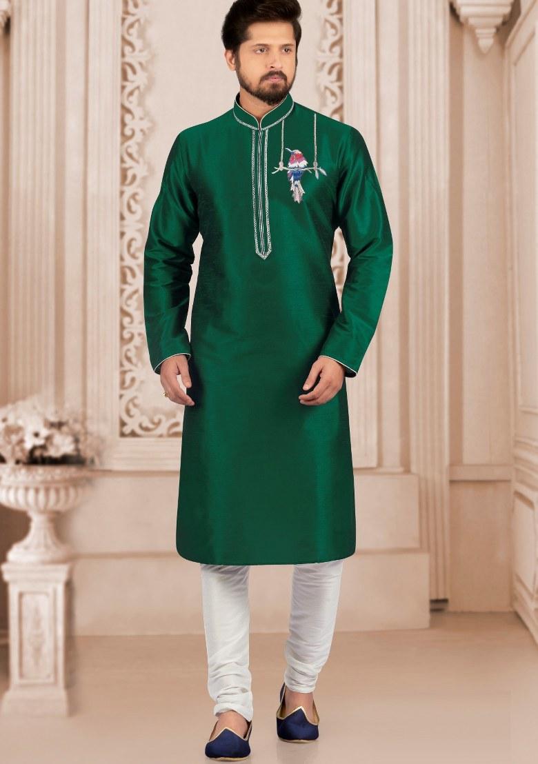 Bottle Green Embroidered Silk Kurta Set For Men