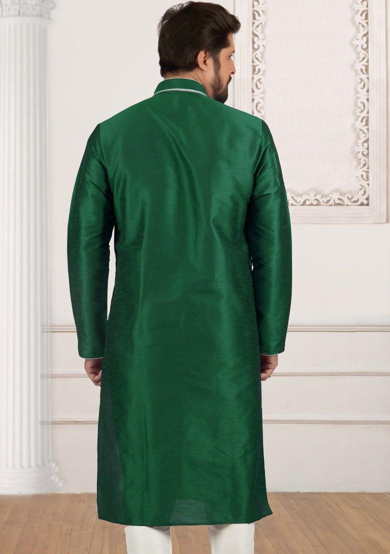 Bottle Green Embroidered Silk Kurta Set For Men