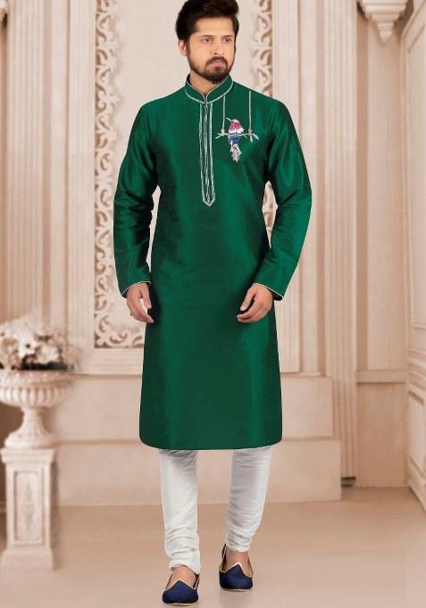 Bottle Green Embroidered Silk Kurta Set For Men
