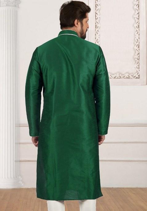 Bottle Green Embroidered Silk Kurta Set For Men