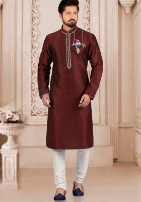 Navy Blue Embroidered Silk Kurta Set For Men
