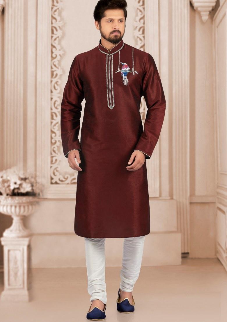Navy Blue Embroidered Silk Kurta Set For Men
