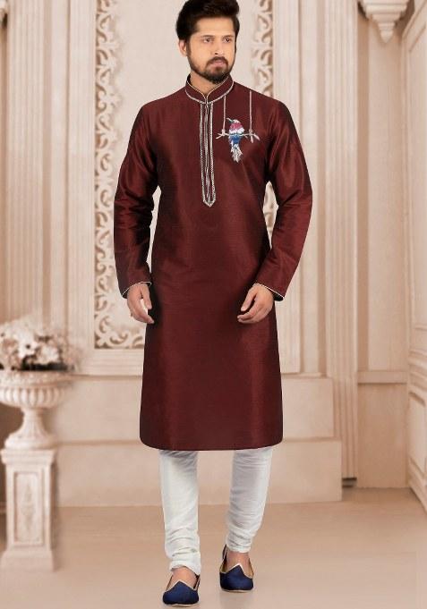 Navy Blue Embroidered Silk Kurta Set For Men
