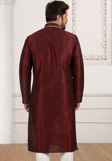 Navy Blue Embroidered Silk Kurta Set For Men