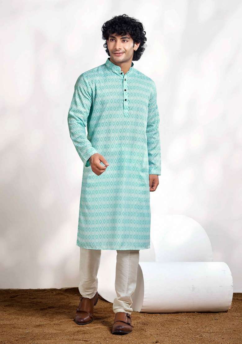 Sky Blue Printed Cotton Kurta For Men - Indya