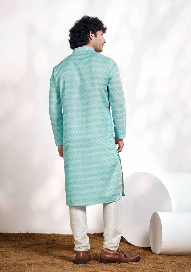 Sky Blue Printed Cotton Kurta For Men - Indya
