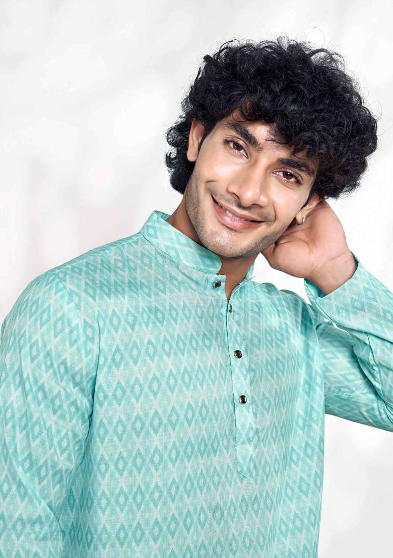 Sky Blue Printed Cotton Kurta For Men - Indya