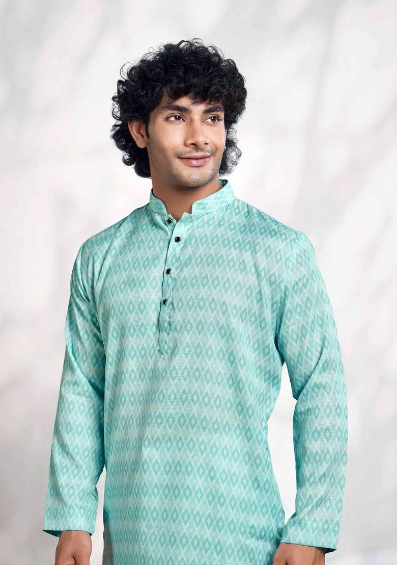 Sky Blue Printed Cotton Kurta For Men - Indya