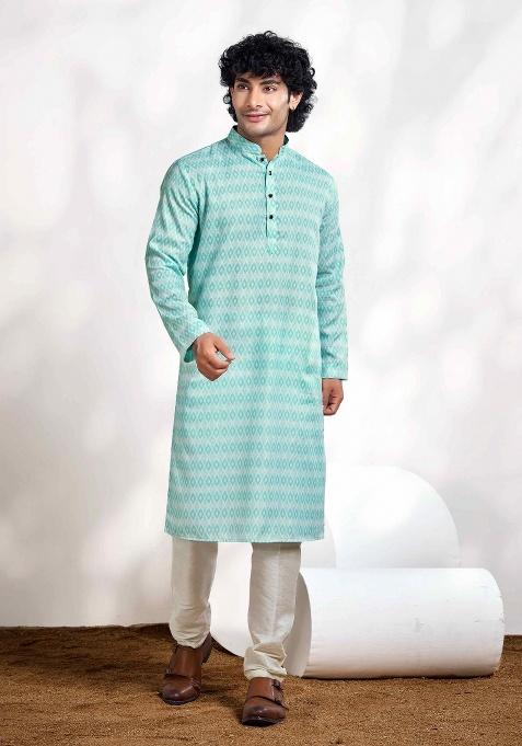 Sky Blue Printed Cotton Kurta For Men — view on Indya