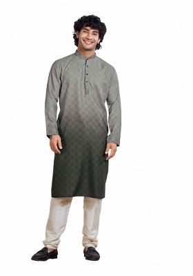 Cloud Grey Printed Cotton Kurta For Men