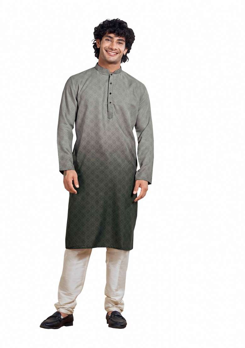 Cloud Grey Printed Cotton Kurta For Men - Indya