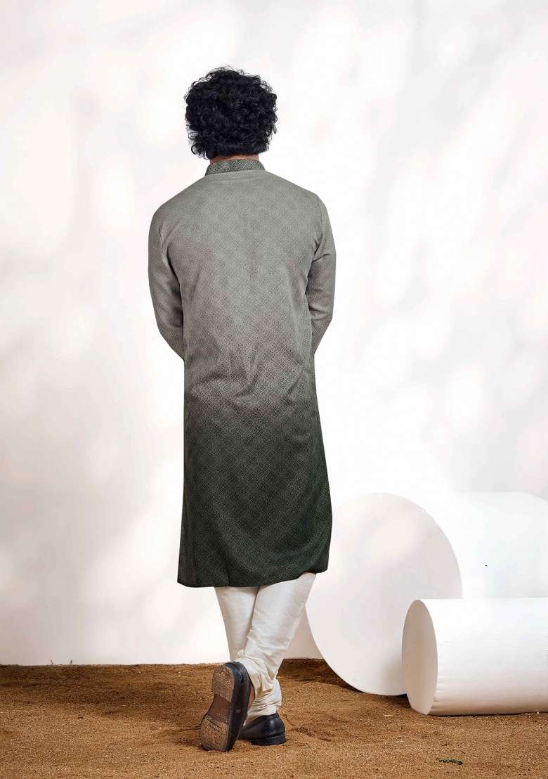 Cloud Grey Printed Cotton Kurta For Men - Indya