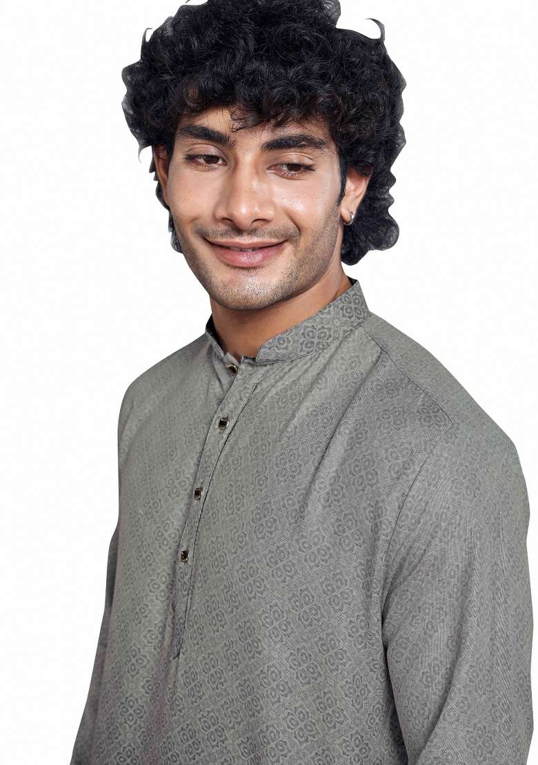 Cloud Grey Printed Cotton Kurta For Men - Indya