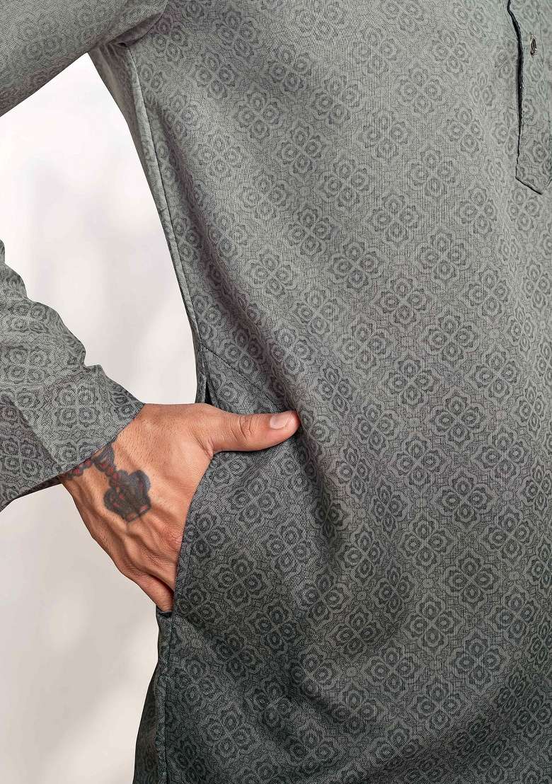 Cloud Grey Printed Cotton Kurta For Men - Indya