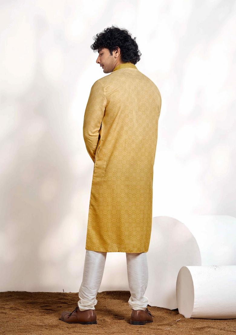 Fawn Yellow Printed Cotton Kurta For Men