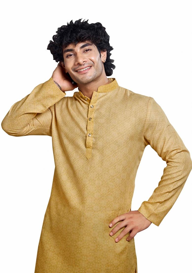 Fawn Yellow Printed Cotton Kurta For Men