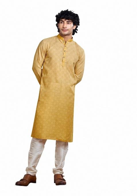 Fawn Yellow Printed Cotton Kurta For Men