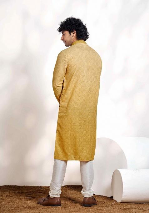 Fawn Yellow Printed Cotton Kurta For Men