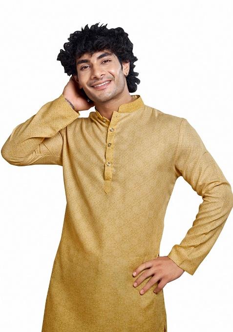 Fawn Yellow Printed Cotton Kurta For Men