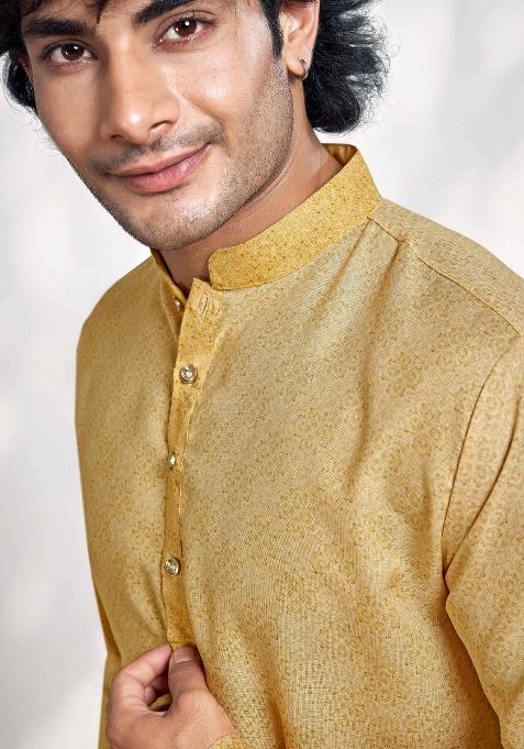 Fawn Yellow Printed Cotton Kurta For Men