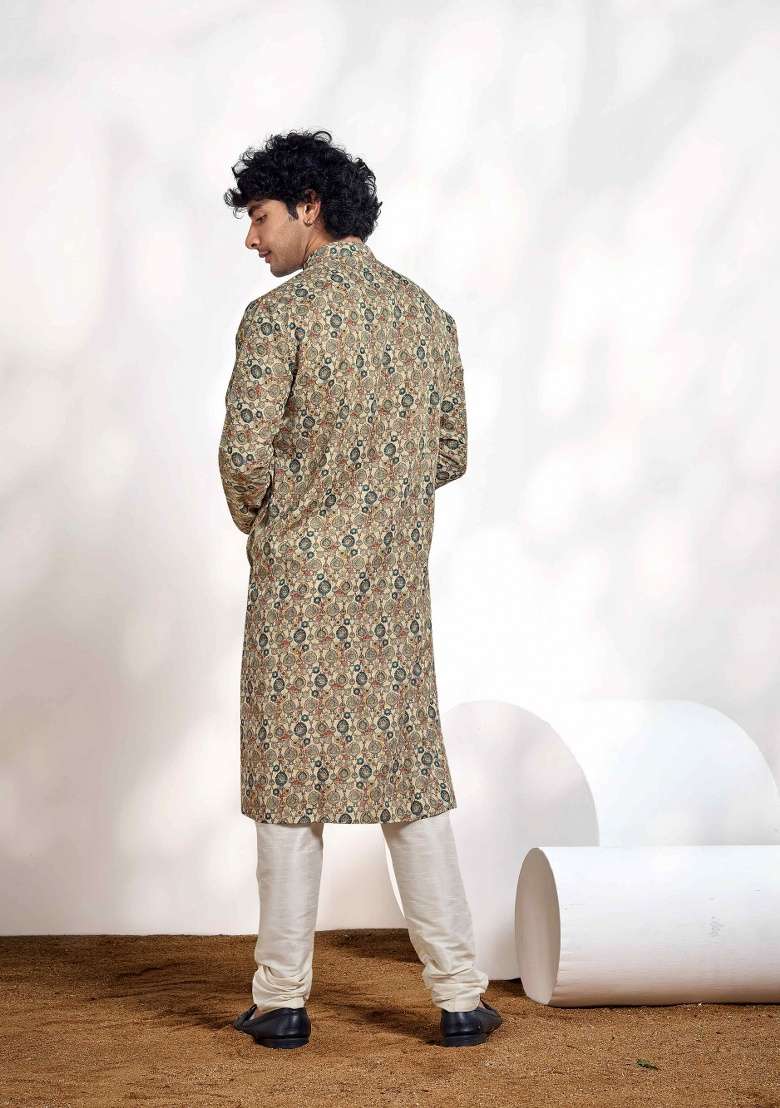 Beige Dyed Cotton Kurta For Men - Indya