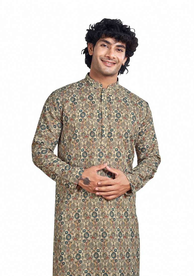 Beige Dyed Cotton Kurta For Men - Indya