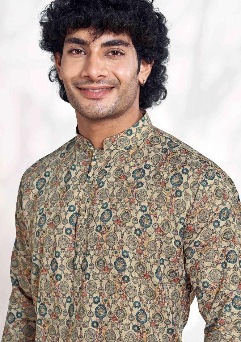 Beige Dyed Cotton Kurta For Men - Indya