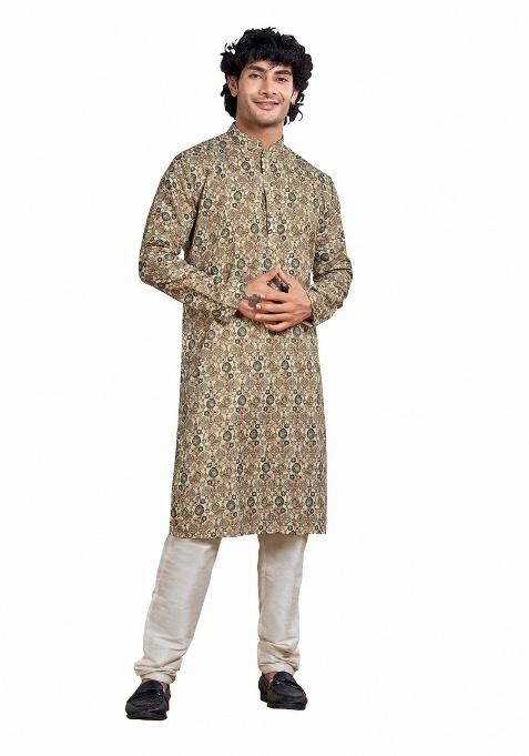 Beige Dyed Cotton Kurta For Men — view on Indya
