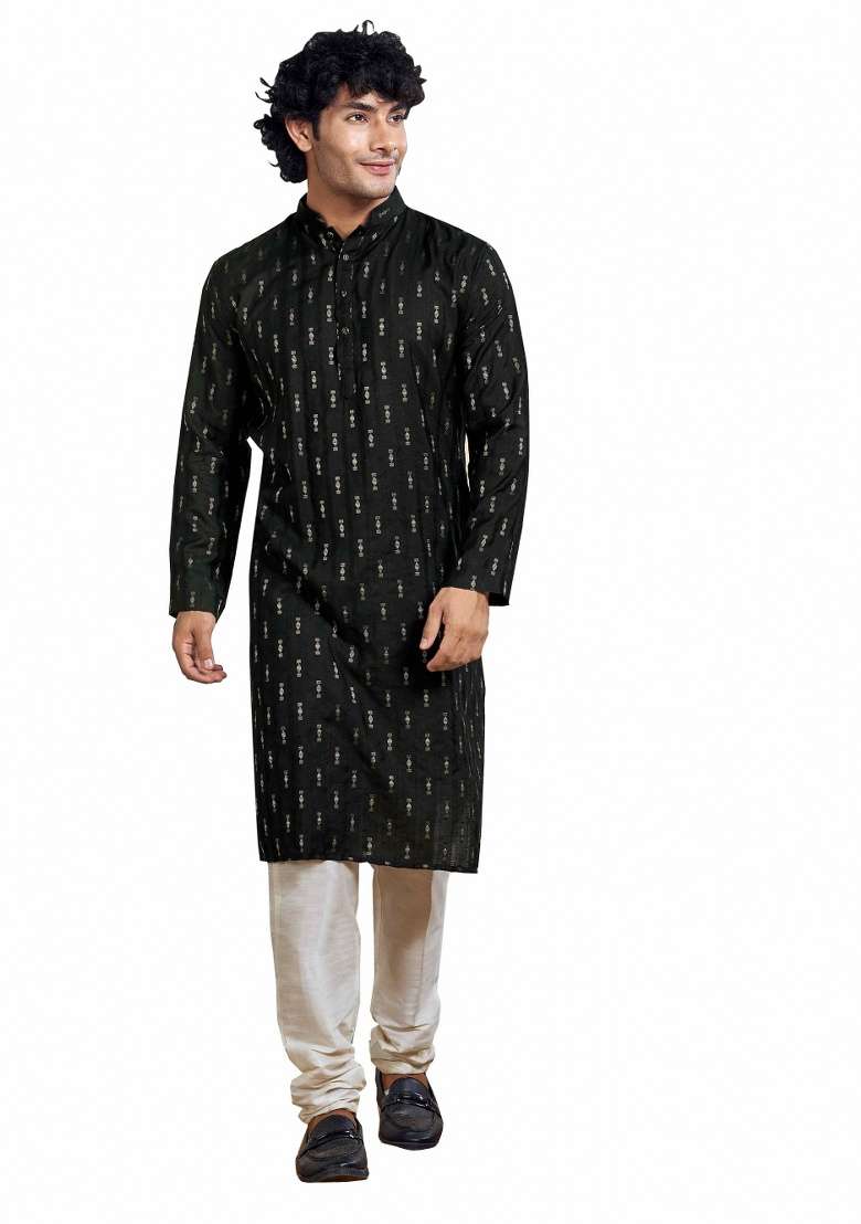 Coal Black Jacquard Viscose Kurta For Men - Indya