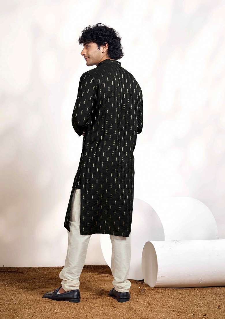 Coal Black Jacquard Viscose Kurta For Men - Indya