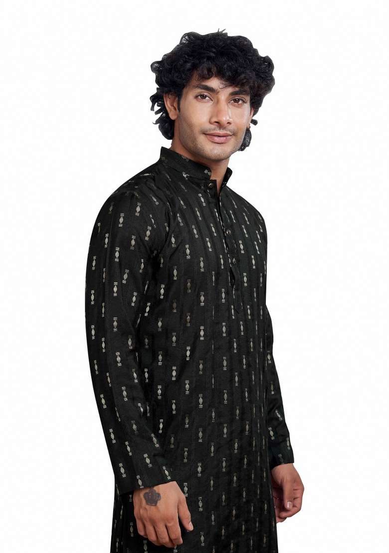 Coal Black Jacquard Viscose Kurta For Men - Indya