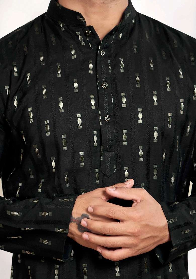 Coal Black Jacquard Viscose Kurta For Men - Indya